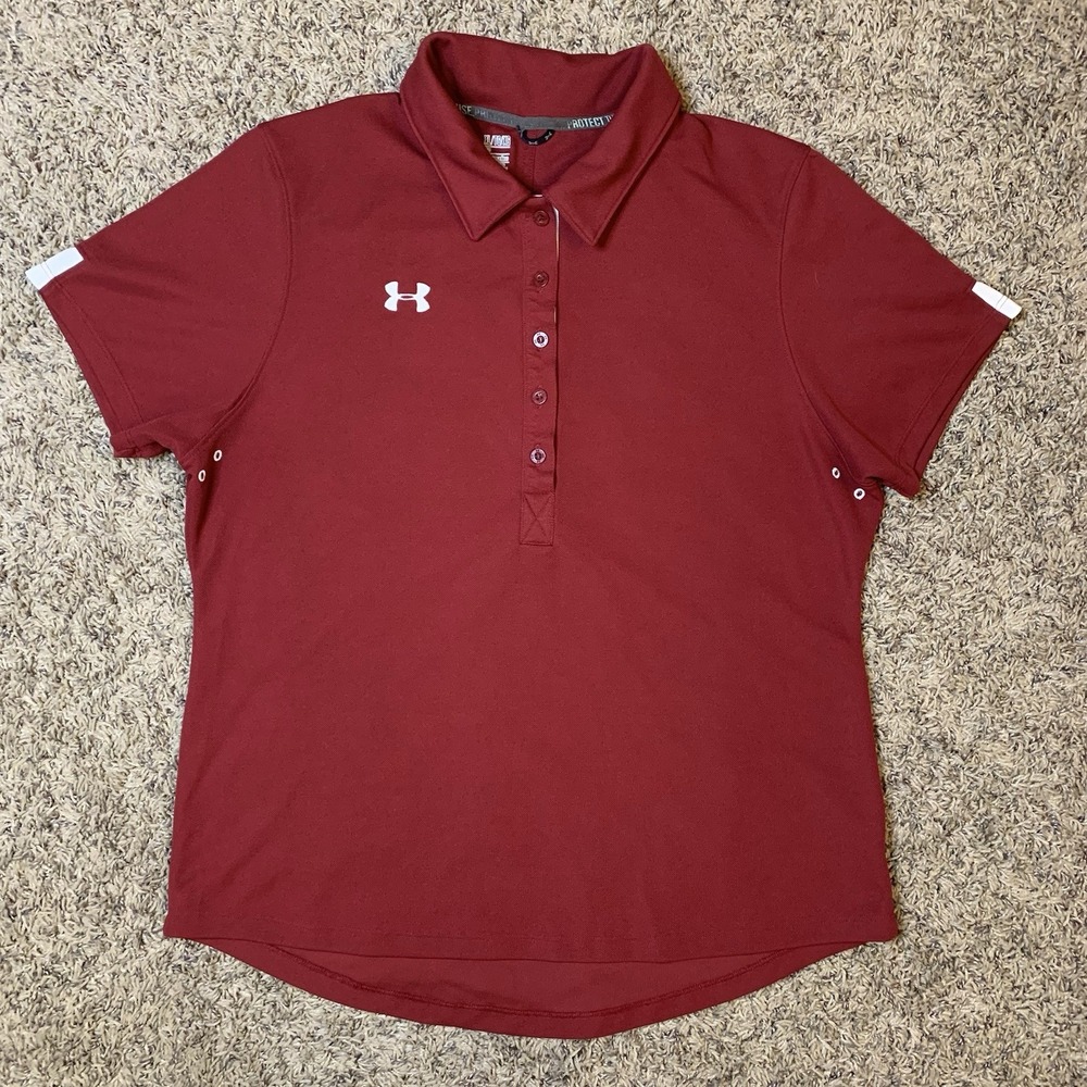 Under Armour Polo Shirt Womens XL Maroon Short Sleeve Semi-Fitted Heatgear Logo